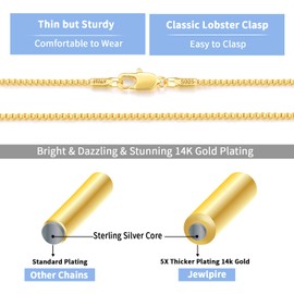 Jewlpire 14K Over Gold Chain Necklace for Women, 1.3MM Box Chain Necklaces Gold Chain for Women Italian & Thin & Sturdy Women's Chain Necklaces, 18 Inches