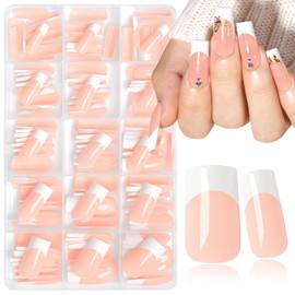 AddFavor French Tip Press on Nails Long Square Fake Nails - 180pcs Pink False Acrylic Nails Press ons Nails White French Tip Nails with Adhesive Tabs, 15 Sizes Stick on Nail for Women