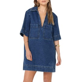 Fisoew Womens Denim Shirt Dress Summer Collared V Neck Mini Casual Jean Dresses with Pockets Blue