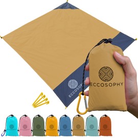 ECCOSOPHY Sand Proof Beach Blanket-Waterproof Picnic Blanket 60x55-Outdoor Compact Pocket Blanket-Lightweight Ground Cover for Hiking, Camping, Festivals, Sports, Travel-with Bag & Stakes (Caramel)