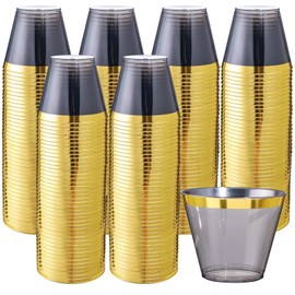 Superrnal 100pcs Gold and Black Plastic Cups 9OZ Elegant Gold Rimmed Plastic Cups Clear Party Cups Fancy Disposable Wedding Cups for Family Gatherings, Afternoon Tea, Parties