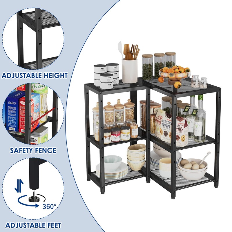 3-Tier Short L Shaped Metal Storage Rack with Height Adjustable