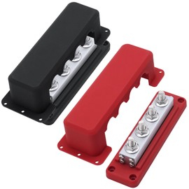 AMOMD 600A High Current Bus Bar Nickel Plated Copper Distribution Block with 4 3/8 inch (M10) Studs 8 Screws Ideal for Electrical Battery Ground Connection Includes Cover for DC 12-48V System (2pcs)