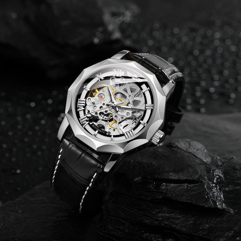FORSINING Mens Automatic Mechanical Dodecagon Skeleton Roman Numerals Genuine Leather