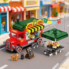 Taco Food Truck Building Set, Building Toy Pretend Play Set for Kids, Girls and Boys, Dining Table & Chair, Menu, Hot Dog, Sauces, Fun Gift Idea for Birthdays & Holidays, Friend Building Time