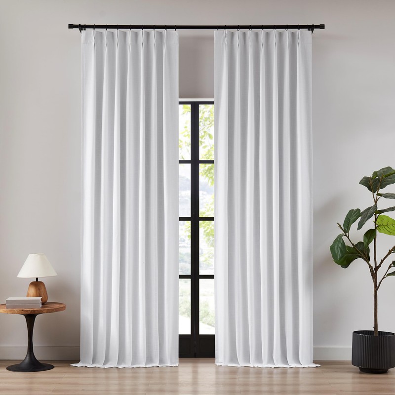 9FT White Pinch Pleated Full Blackout Curtains Linen Blend Room