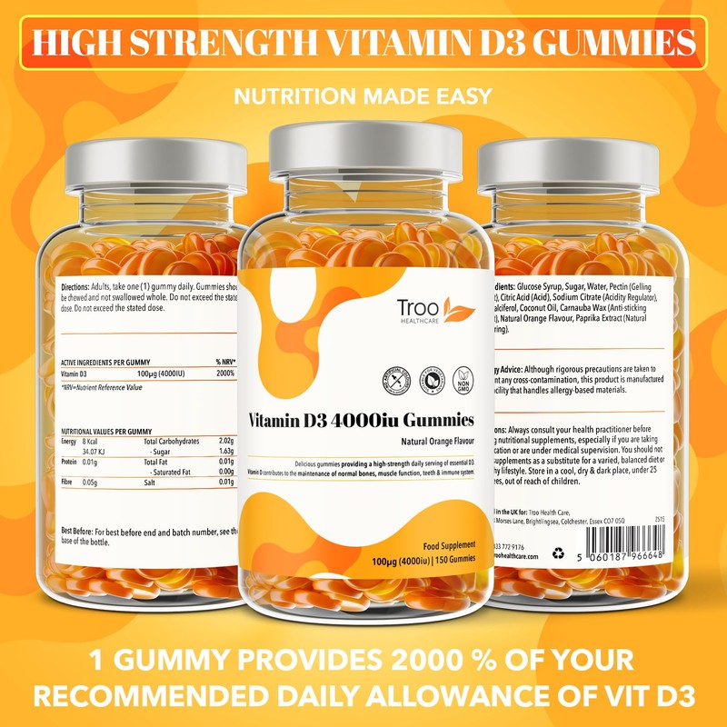 Vitamin D3 4000iu - 150 Natural Orange Flavour Chewable Gummies