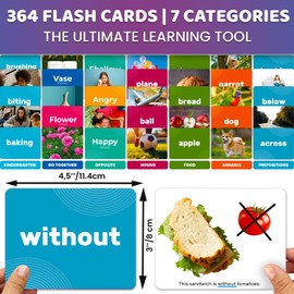 QUOKKA 364 Flash Cards for Kids and Adults - Real-Life Large Preschool Flash Cards for Speech Therapy, ABA Therapy, ESL Teaching, Pre-K to 3rd Grade, 7 Vocabulary Building Categories with Prepositions