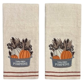 Serafina Home Autumn Fall Bath Hand Towels, Ivory Cream Off White, 100% Cotton, Embroidered Farm Fresh Pumpkin Design, Hemmed Border, 2 Piece Set