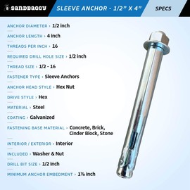 Sandbaggy 1/2” x 4” Sleeve Anchor - Concrete, Brick, Masonry (Hex Head) - Nut & Washer Included - Galvanized/Zinc Plated (4, 1/2 inch x 4 inch)