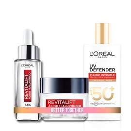 Kit L'Oreal Paris Skincare Serum Facial ácido hialurónico + Crema en Gel Revitalift ácido hialuronico + UV Fluid, protector solar sin color fps50