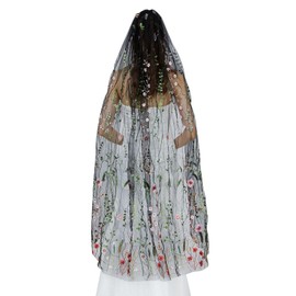 BEAUTELICATE Bridal Veil with Flowers Embroidery for Bridal Wedding Carnival Hair Accessories Black White with Metal Comb 1 Layer Roller Length - Secret Garden - White Tulle