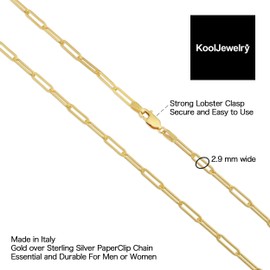 KoolJewelry Yellow Gold Over Sterling Silver Paperclip Chain Necklace for Men and Women (2.9 mm, 24 inch)
