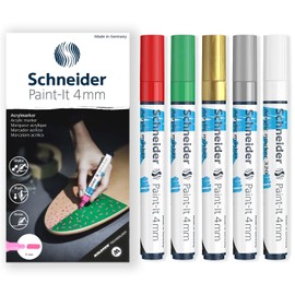Schneider Paint-It 320 Acrylic Marker Set Bullet Tip 4mm Bullet Tip High Coverage Red Green Gold Silver White Ink Gift Box with 5 Pens
