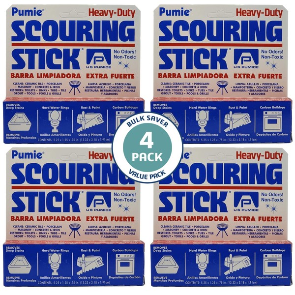 PUMIE Scouring Stick 4 Pack, Heavy Duty, Remove Stains, Hard Water Rings, Rust and Paint, Carbon Buildups, By U.S. Pumice (4 Pack)