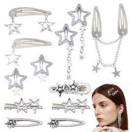 Hobbspring 12pcs Star Hair Clips 8 Styles Alloy Hair Stars Barrettes Silver Pentagram Hair Snap Clips Set for Women Ladies Punk Kawaii 2000s Accessories Hair Decoration