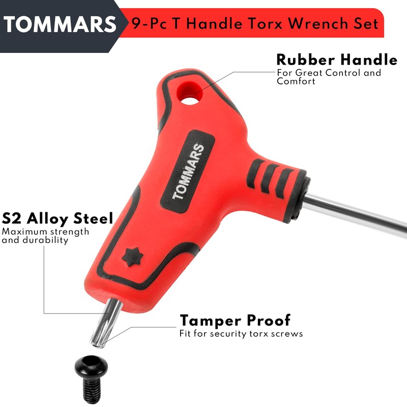 TOMMARS 9PC T Handle Torx Wrench Set, S2 Steel, T10