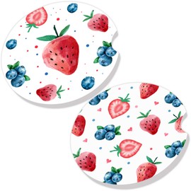 Cheerupp Strawberry Blueberry Absorbent Car Coaster for Cup Holder, 2 Pack Sweet Beery Ceramic Stone Removable Car Coasters Anti-Slip with Fingertip Grip, Auto Accessories Interior Decor Supplies