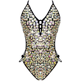 Neva Nude Lustrous Prism Black Crystal One Piece Bodysuit Small