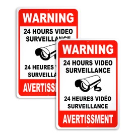 2 PС Video Surveillance Sign French - 7 x 10 Aluminum 24 Hour Surveillance Sign - Smile Your on Camera Signs - No Trespassing Sign - Security Signs