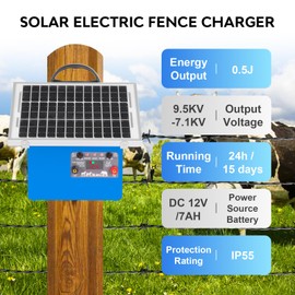 20 Miles Solar Electric Fence Charger,0.5 Joule Electric Fence Kit with 7.5W Solar Panel/7Ah Battery, IP65 Waterproof,Up to 9.5KV Output Portable Solar Fencer for Livestock Poultry