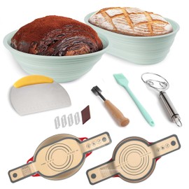 Banneton Bread Proofing Basket Set of 2 Bread Making Basket Start Kit，Silicone Sourdough Bread Baking Supplies, with Bread Making Tools & Silicone Bread Baking Mat (Green)