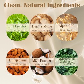 Mushroom Coconut Coffee Creamer, Nootropic Creamer Powder | Lion's Mane, Alpha GPC, Magnesium Glycinate, L-tyrosine, L-Theanine and MCT Powder | Brain, Focus | Keto & Vegan, 6.35 Oz