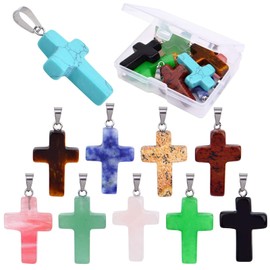 10pcs Natural Stone Cross Pendant Healing Crystal Quartz Stone Charms Chakra Gemstone Pendants with a Box for DIY Necklace Earring Jewelry Making(10 Colors)