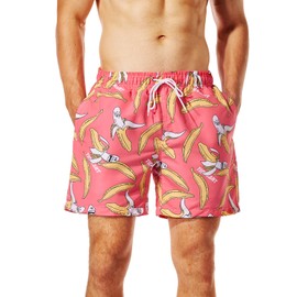 Traje de baño para hombre, pantalones cortos con cierre de cordón y cintura elástica, Patrón rosa y plátano, X-Large