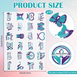 Landhoow 240 Pcs Suicide Prevention Awareness Tattoos Temporary Glitter Teal Purple Ribbon Stickers Mental Health Tattoos Body Stickers for Suicide Prevention Awareness Favor Charity Campaign Supplies