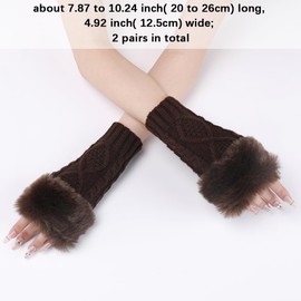 CABODYALS 2 Pairs Brown Knit Fingerless Gloves Winter Crochet Coffee Furry Arm Warm Sleeves Soft Fluffy Knitting Thumb Hole Faux Fur Hand Wrist Warmer Mittens for Women Typing Driving Outings