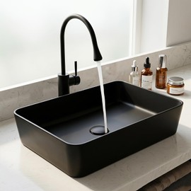 Lonuebu 22x14 Inch Black Stone Resin Vessel Sink with Faucet and Drain, Rectangle Bathroom Sink Above Counter, Modern Black Vessel Sink for Bathroom Vanity