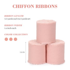 PIGETALE Blush Pink Chiffon Silk Ribbon 1.5" x 16.5 Yd Handmade Frayed Edges Fabric Ribbons, 3 Rolls * 5.5 Yd Pale Blush Ribbons for Wrapping Wedding Invitations Bridal Bouquets Home Decor DIY Crafts
