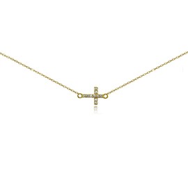 GemStar USA Yellow Gold Flashed Sterling Silver Cubic Zirconia Sideways Cross Short Choker Necklace for Women