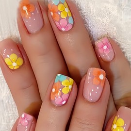 Summer Press on Nails Short Square Fake Nails Nude with Colorfu Flower designs Cute False Nails Glossy Acrylic Nails Full Cover Gel Glue on Nails for Women Girls Art Manicure24pcs