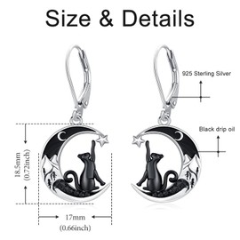 Black Cat Earrings for Women Sterling Silver Cat on the Moon Dangle Earrings Kitty Cat Earrings Birthday Gift Jewelry