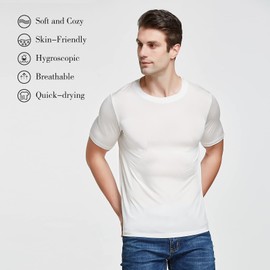 Viamulion Mens Silk Knitted T Shirt 100% Pure Mulberry Silk Sleep T Shirt Soft Cool Performance Crew Neck Casual Undershirt White