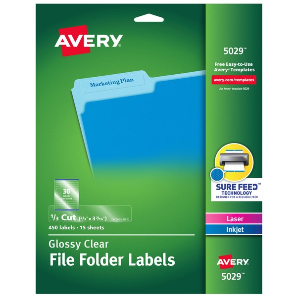 Avery 5029 Clear Self-Adhesive Filing Labels, 3-7/16 x 2/3, 15 sheets, 450 Labels