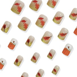 24 Pcs Short Fake Nails Fall Press on Nails Square Orange Glitter Full Cover False Nails Maple Leaf Pumpkins Glue on Nails Autumn Leaves Glossy Design Artificial Thanksgiving Nails for Women Manicure