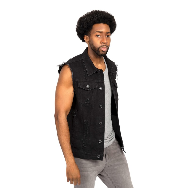 VICTORIOUS Distressed Denim Jean Vest Jacket DK101 - Classic Black