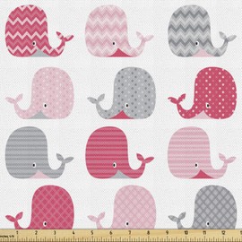Lunarable Whale Fabric by The Yard, Patterned Mammals Design Oceanic Animals Aqua Wildlife Theme, Decorative Fabric for Upholstery and Home Accents, 1 Yard, Pink Grey