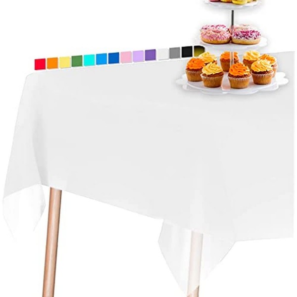 PartyWoo Nappe Blanche, 137 x 274 cm/54 x 108 Pouces - Rectangulaire - Lavable pour Table de 6 à 8 Pieds - Nappe imperméable pour fête, Anniversaire, Mariage (1 pièce)