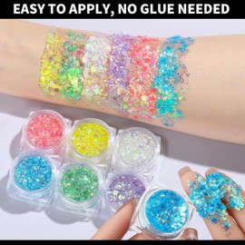 Gel de glitter fluorescente para rostro y cuerpo 6 colores purpurina luminosa con efecto brillo en la oscuridad UV, autoadhesivo, maquillaje para carnaval, Halloween, fiesta y festival