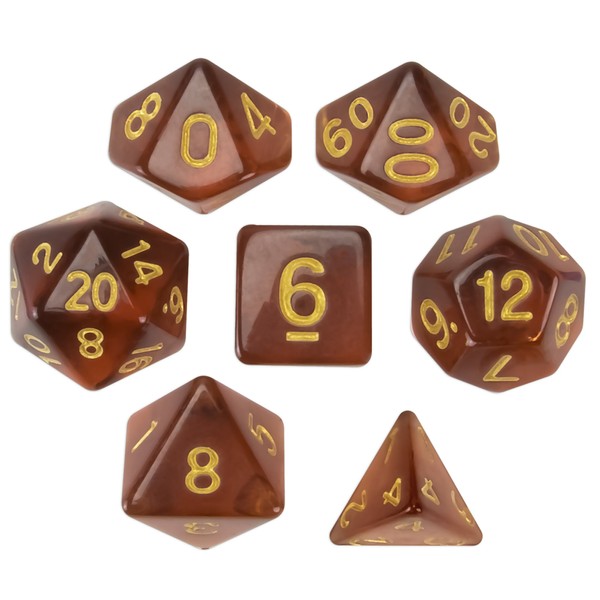 Wiz Dice Desert Topaz Set of 7 Polyhedral Dice, Translucent Brown Iced Tea Colored Tabletop RPG Dice with Clear Display Box