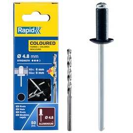 Rapid Blind Rivets Aluminium Black Diameter 4.8 mm 6-9 mm Clamping Range Pack of 50 Rivets Set Including Drill for Blind Rivet Pliers