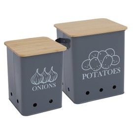 Kitchen Vegetable Storage Tins Set of 2 for Potatoes, Onion, with wooden lid Garlic Bin Caddy, Long Shelf Life-Grey