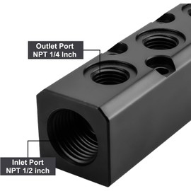 Air Manifold, 3 Way 5 Port Air Compressor Manifold, Air Hose Inline Manifold Block Splitter, Pneumatic Manifold Air Distribution Block, NPT 1/2 Inch Supply Port, NPT 1/4 Inch Output Port(BLACK)