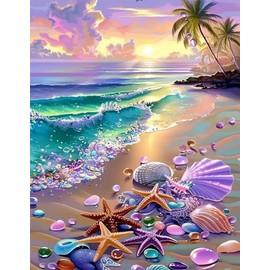 5D Diamond Painting Kits for Adults Beginners, Beach Shells Diamond Art, DIY Full Round Drill Diamond Dot Gem Art Kits for Adults, Home Wall Decor 11.8x15.7 Inch