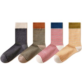 Retro Striped Crew Socks, 4 Pairs Womens Cotton Cozy Casual Socks Slouchy Colorful Quarter for Women Spring Summer Cute, Fashion Size (5-10)