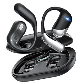 Auriculares ultra abiertos, conducción ósea sobre la oreja con gancho ergonómico para la oreja, auriculares Bluetooth 6.1 con pantalla digital, tiempo